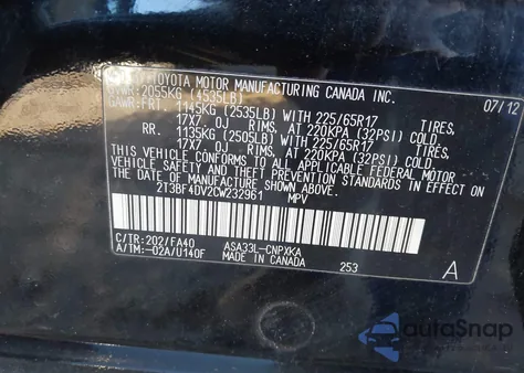 2012 Toyota Rav4 из США, поврежденный, VIN 2T3BF4DV2CW232961